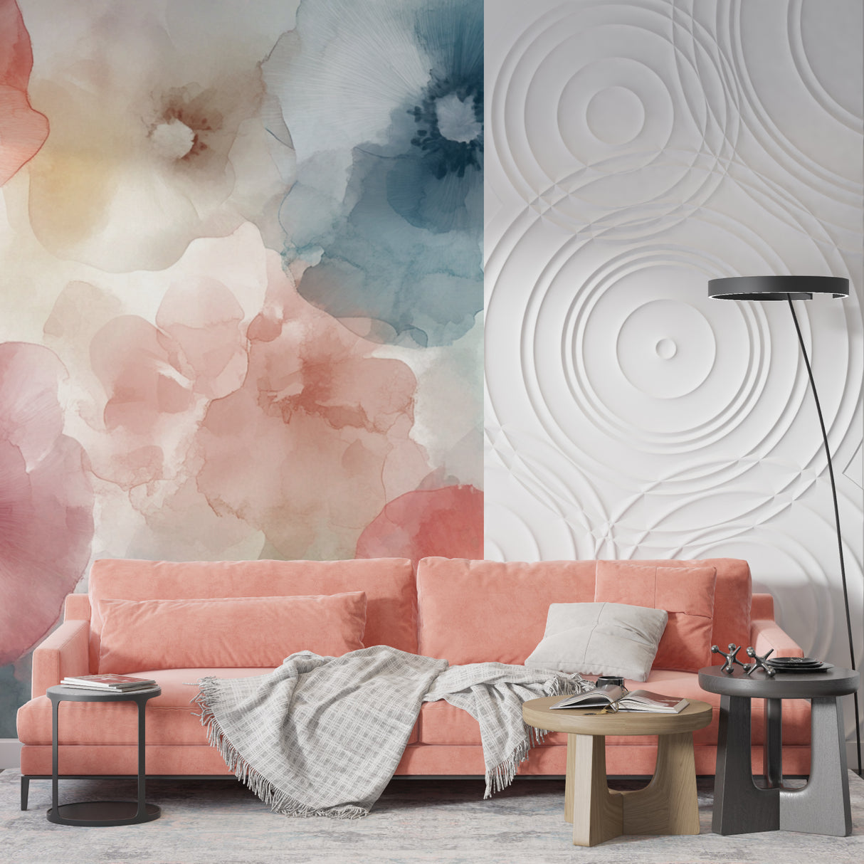Watercolor floral wallpaper in modern living room creating a peaceful atmosphere with soft pink and blue blooms