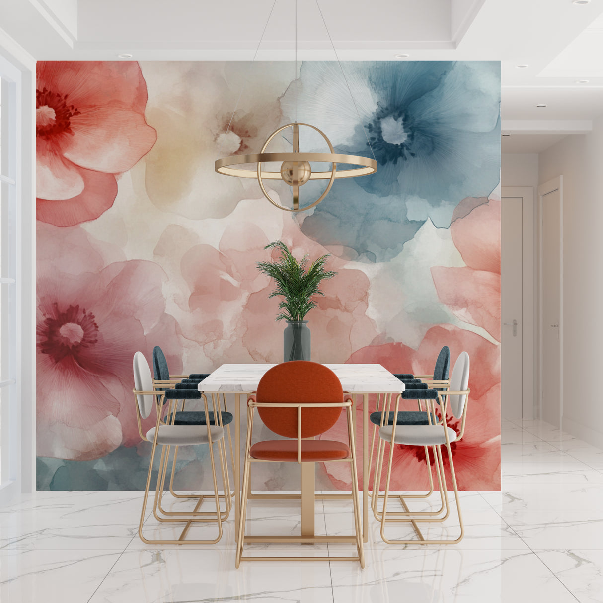 Pink and blue watercolor flower mural in master bedroom showing gentle color transitions