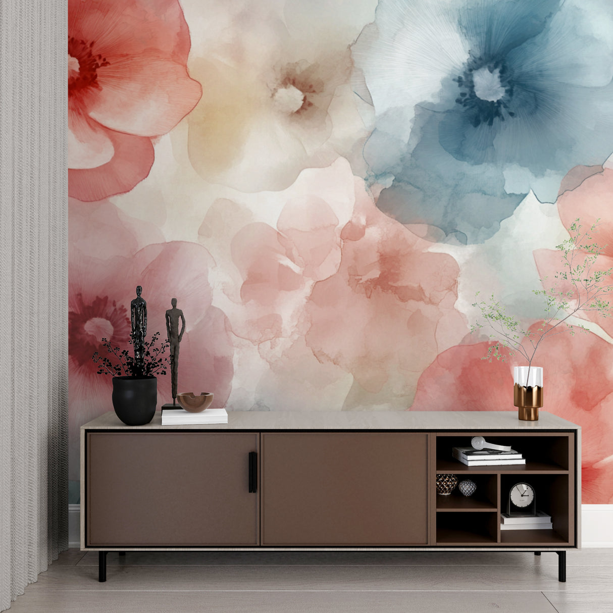 Soft floral wallpaper brightening a home office with delicate watercolor blooms
