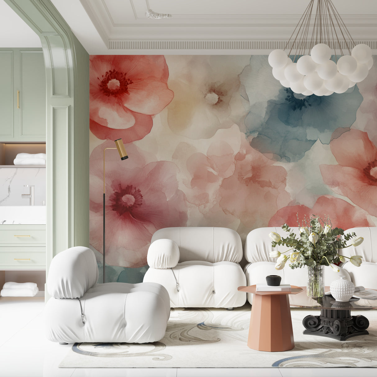 Watercolor wall mural adding artistic touch to dining room with pink and blue florals