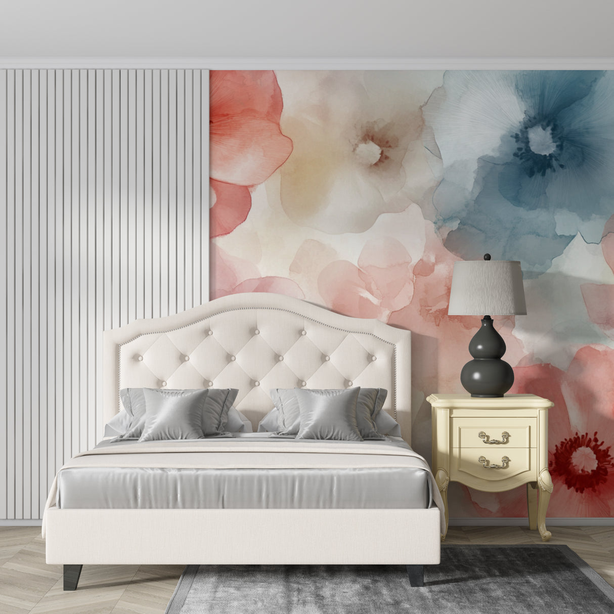 Modern floral wallpaper creating elegant accent wall in nursery with soft watercolors