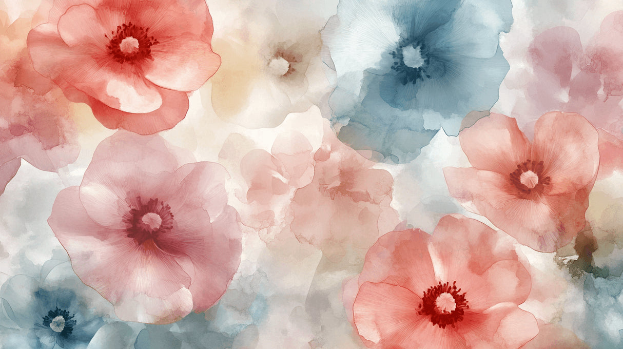 Watercolor floral wallpaper design file showing detailed pink and blue flower pattern