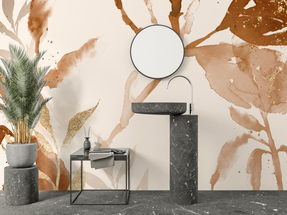 Watercolor abstract wallpaper in modern living room, terracotta and gold tones create warm atmosphere