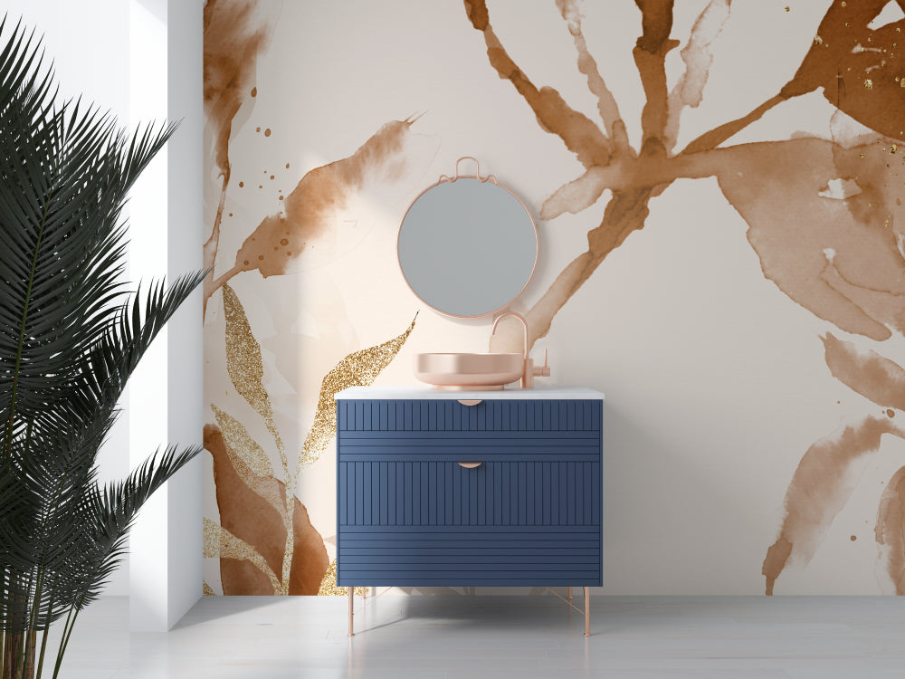 Abstract watercolor mural in dining room showing gold accents catching natural light