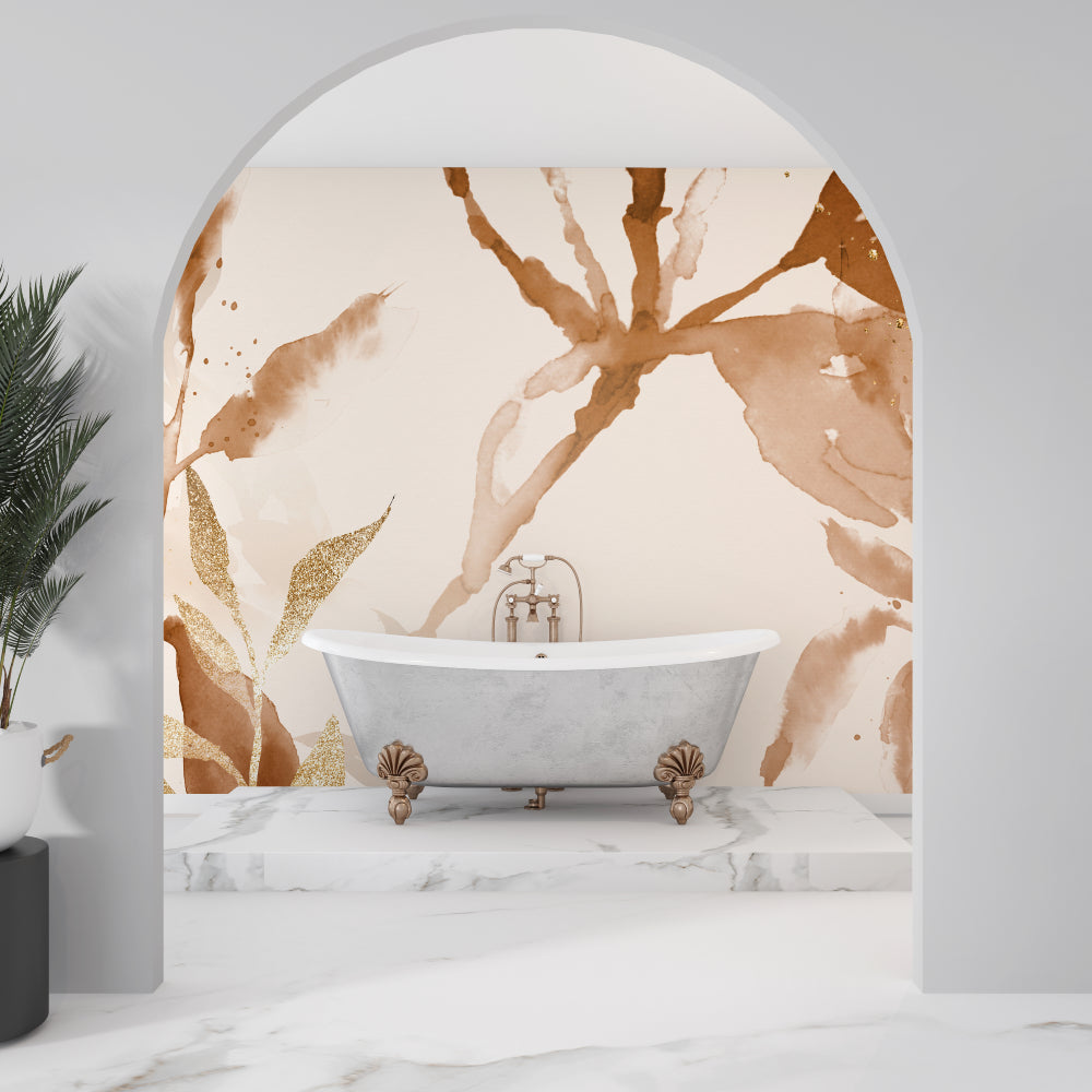 Terracotta watercolor wallpaper in bedroom creating peaceful artistic atmosphere