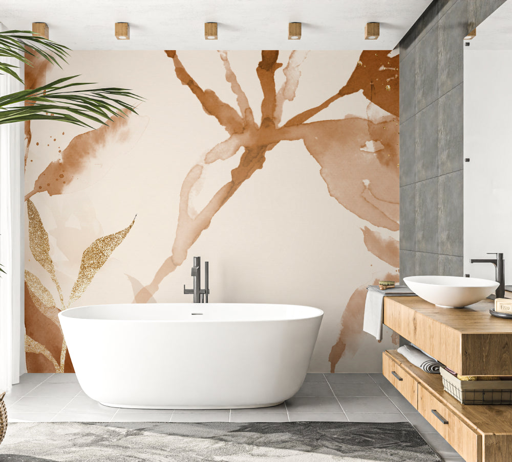Abstract wall mural in home office showing flowing watercolor design