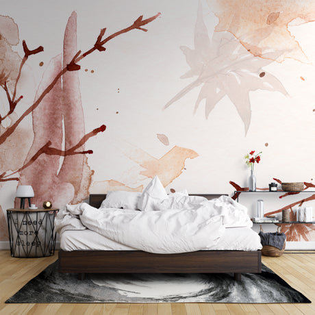 Watercolor botanical wallpaper in modern living room showing terracotta tones and flowing design