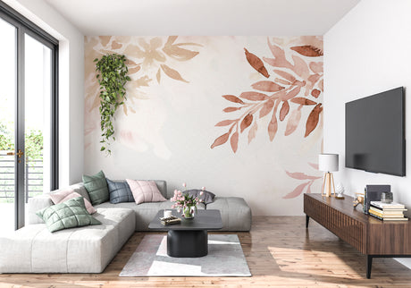 Watercolor botanical wallpaper in modern living room with terracotta leaves creating a calm atmosphere