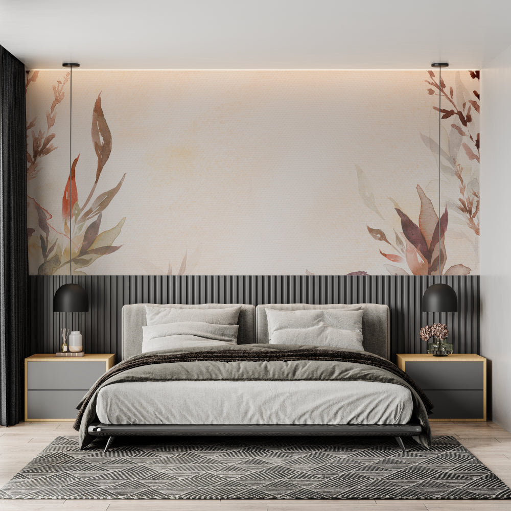 Botanical wall mural creating warm atmosphere in minimalist dining room