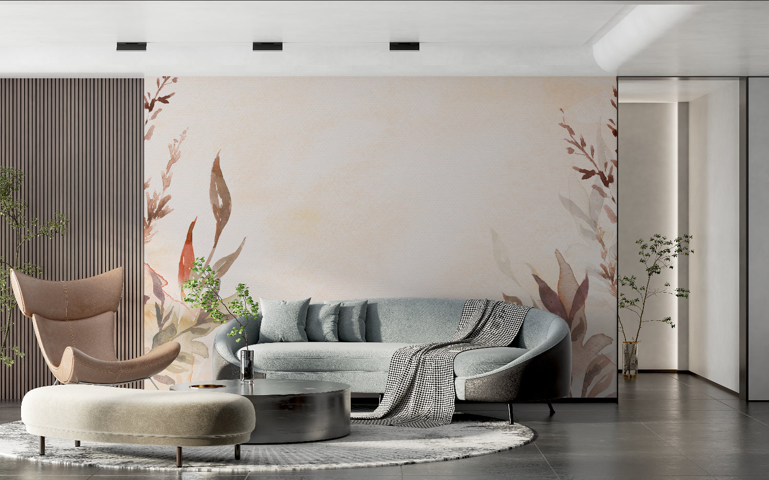 Terracotta wall mural bringing warmth to contemporary hallway