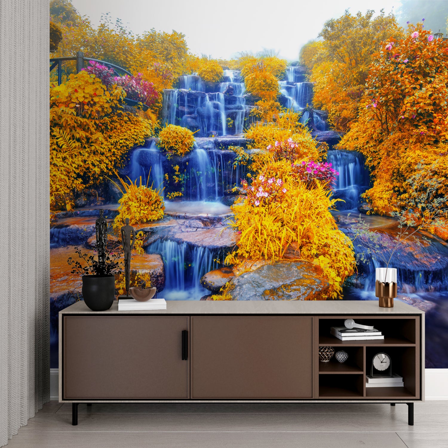 Peaceful waterfall wallpaper in master bedroom with minimal furniture