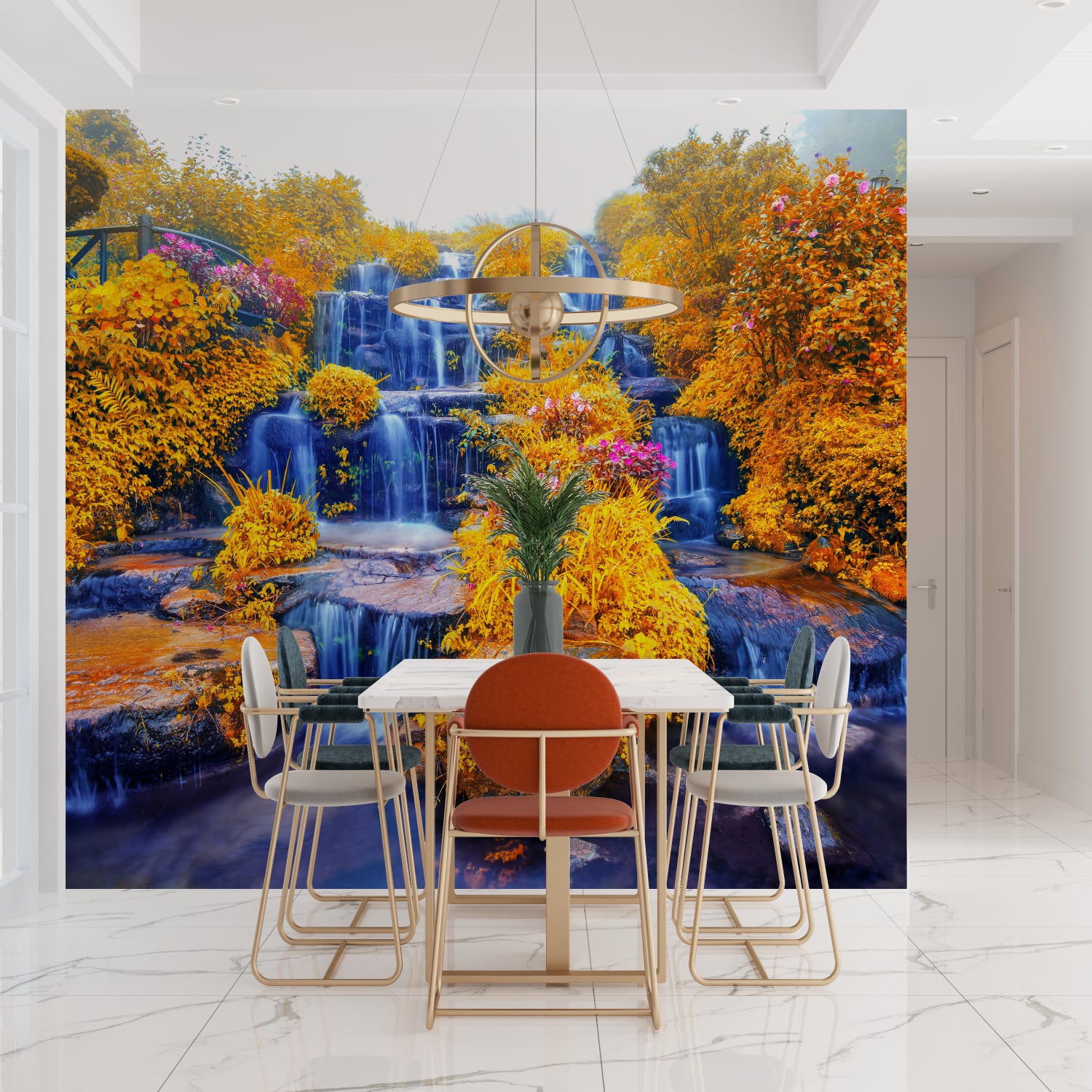 Autumn waterfall mural adding depth to home office space