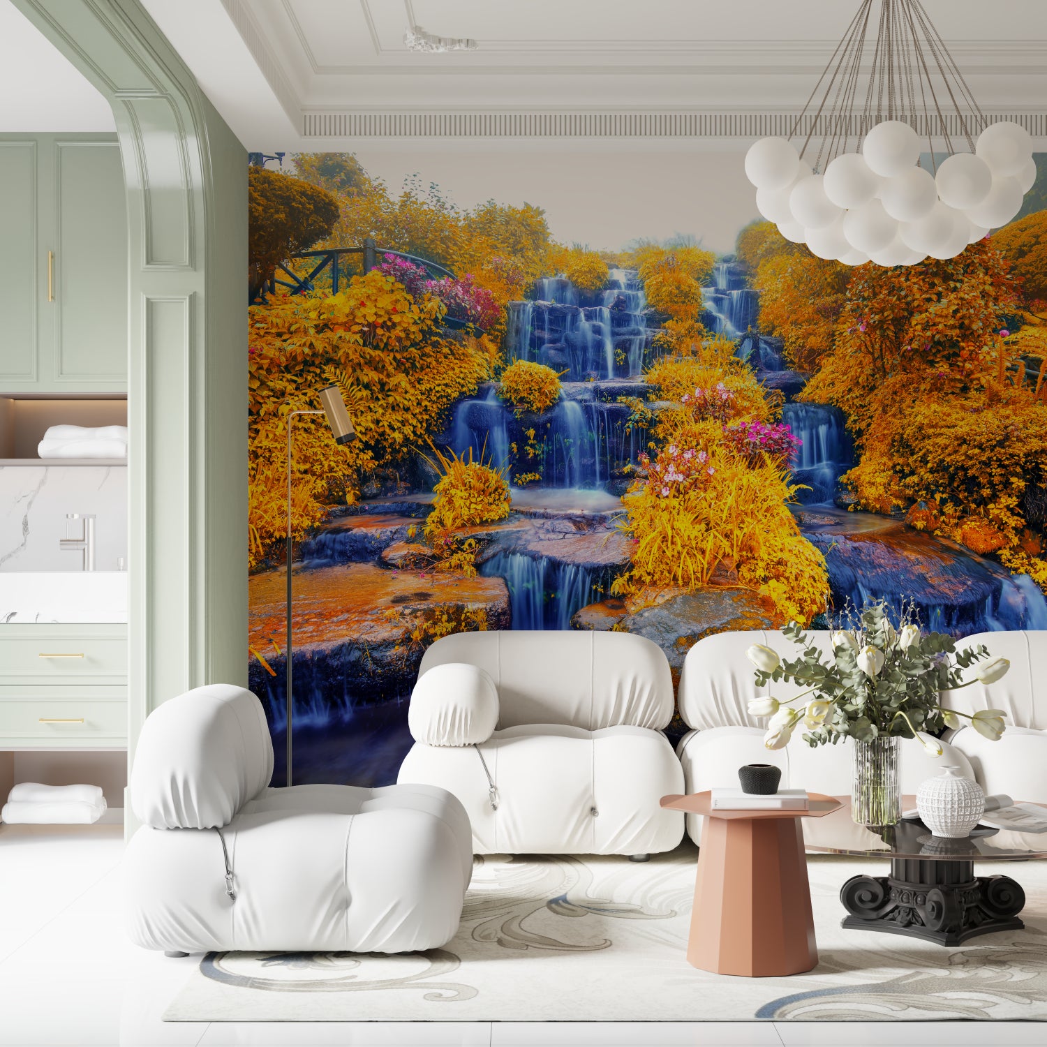 Blue cascade wallpaper transforming dining room atmosphere