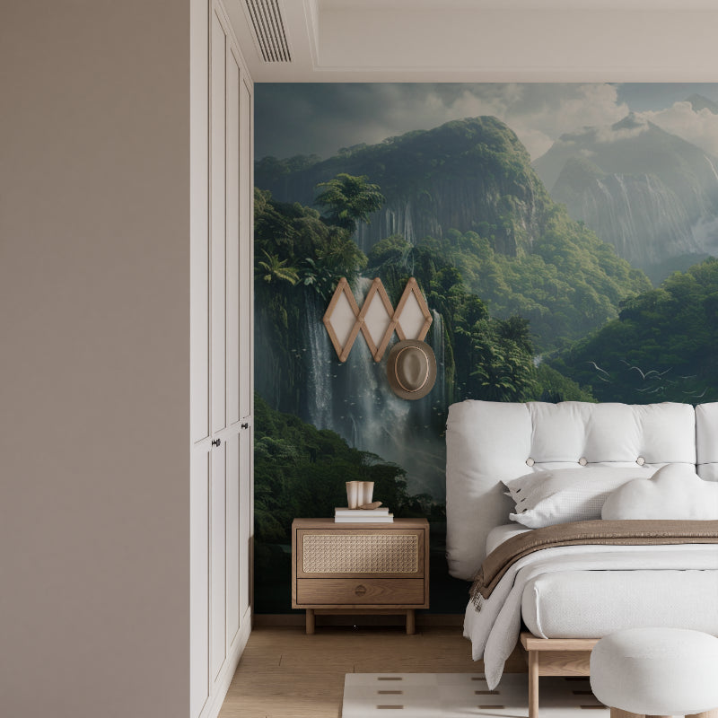 Mountain waterfall wallpaper creating a stunning focal point in modern living room with gray furniture