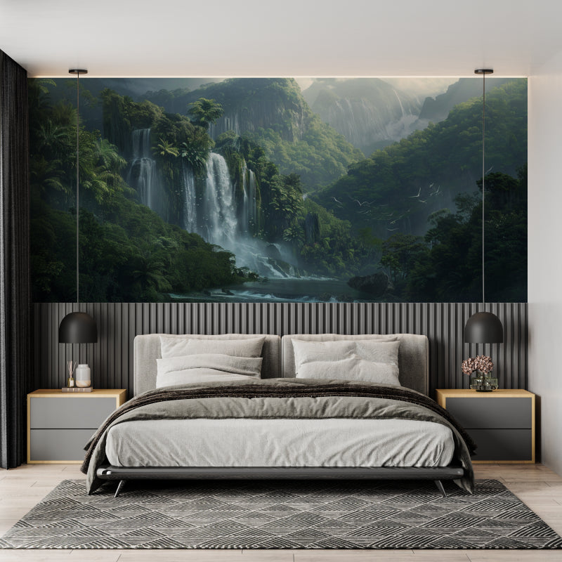 Peaceful bedroom with nature landscape wallpaper featuring cascading waterfall and mountain vista