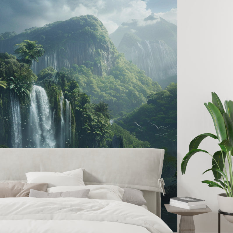 Home office transformed with mountain waterfall mural creating productive workspace