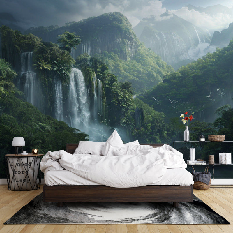 Meditation room with forest waterfall wallpaper showing scale and peaceful atmosphere