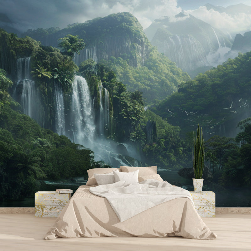 Dining room featuring mountain landscape mural wallpaper in natural lighting