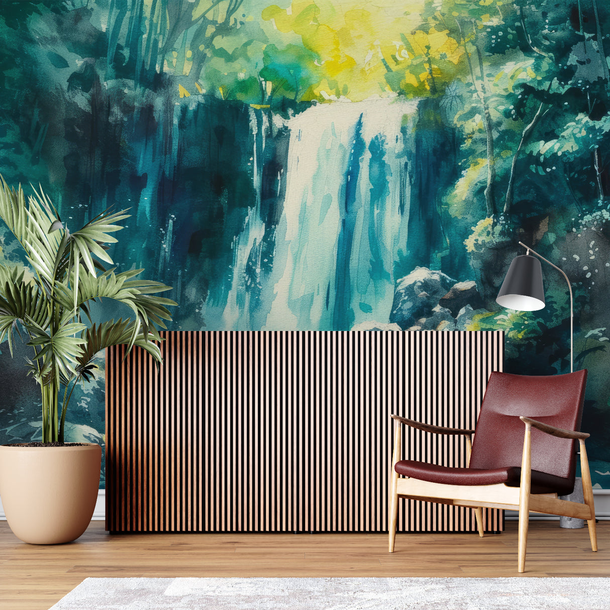 Tropical waterfall wallpaper creating a serene atmosphere in a modern living room with natural light