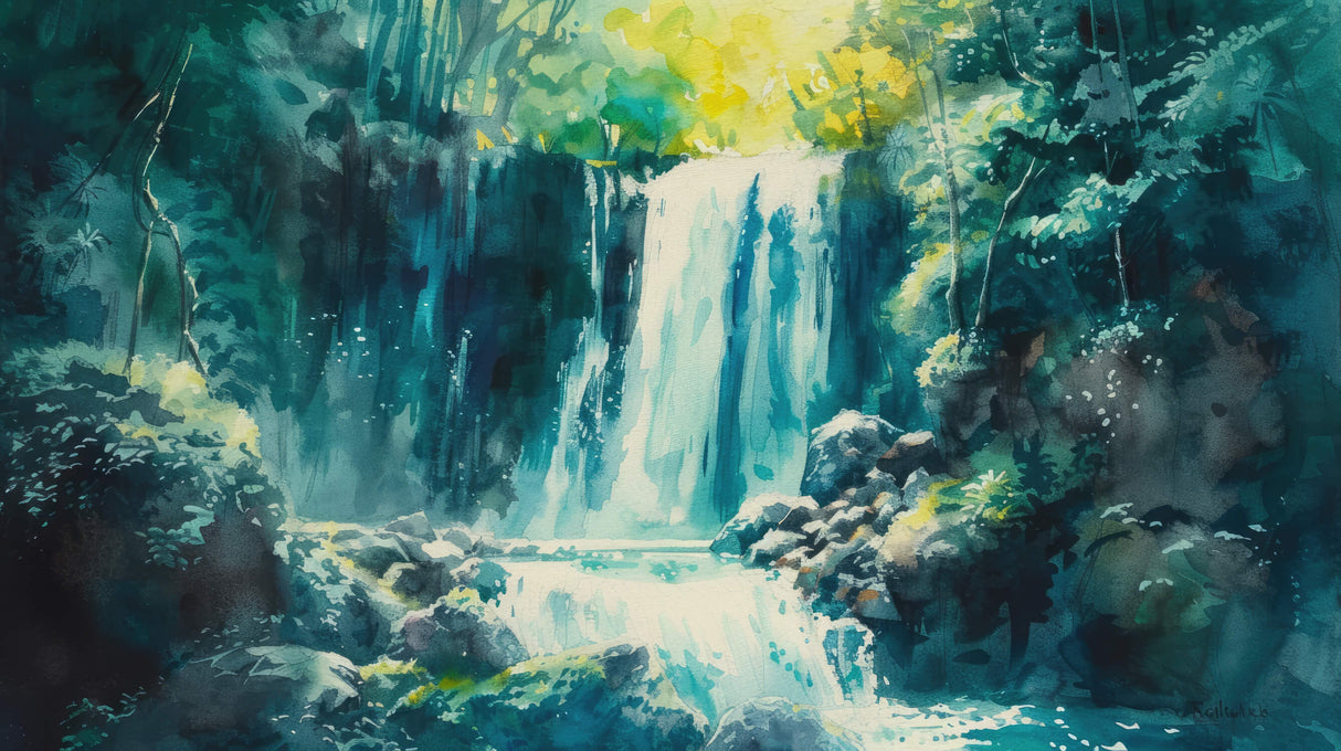 Waterfall wallpaper design file showing intricate watercolor details and cascading water patterns