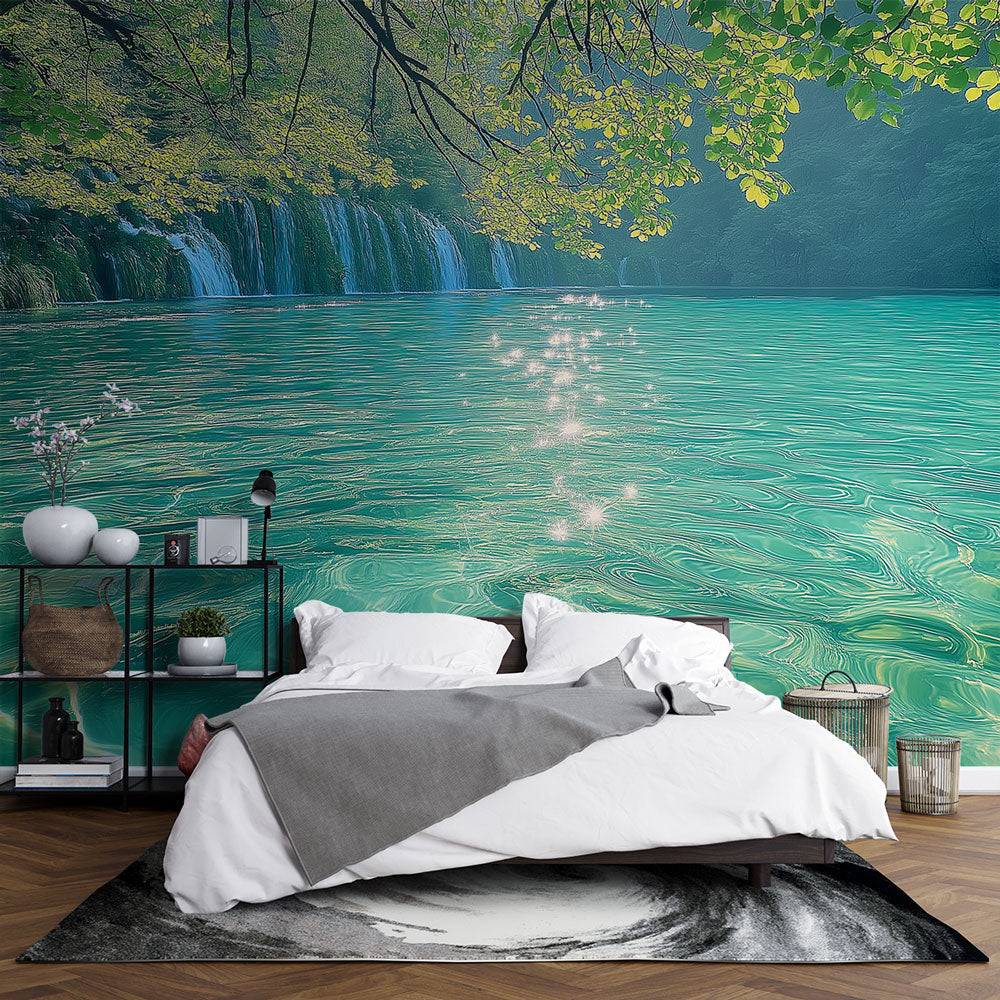 Turquoise waterfall mural wallpaper creating a peaceful atmosphere in a modern living room with natural light