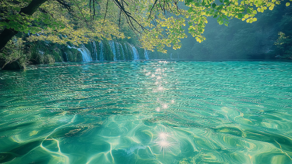 Waterfall and lake design file showing detailed turquoise water patterns and forest elements