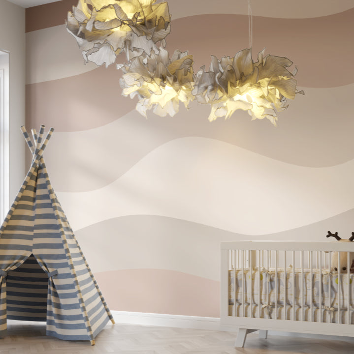 Brown wave pattern wallpaper creating a serene atmosphere in a modern living room with minimal furniture