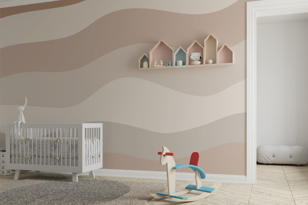 Neutral wave mural installation in a home office showing flowing pattern detail