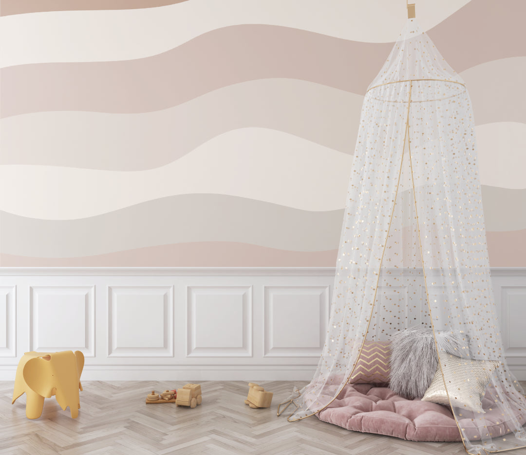 Wave pattern wallpaper making a statement in an elegant dining room setting