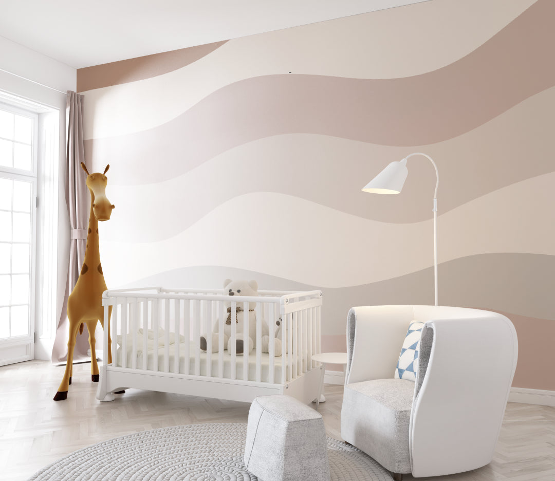 Brown wave wallpaper creating depth in a contemporary hallway space