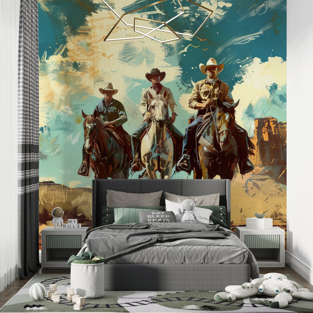 Western cowboy wallpaper bringing desert adventure to a modern living room with dramatic sunset colors