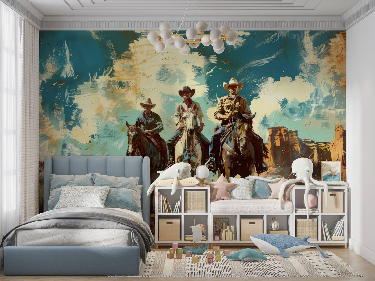 Cowboys wall mural creating depth in a kid's bedroom with warm desert tones