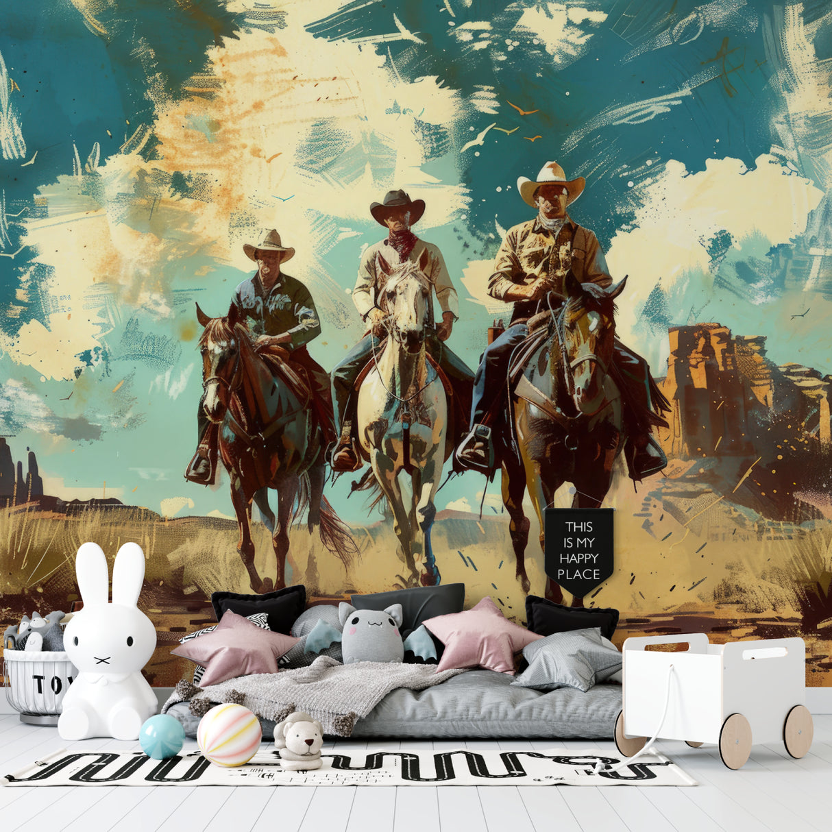 Desert cowboys mural adding character to a family room with turquoise sky details