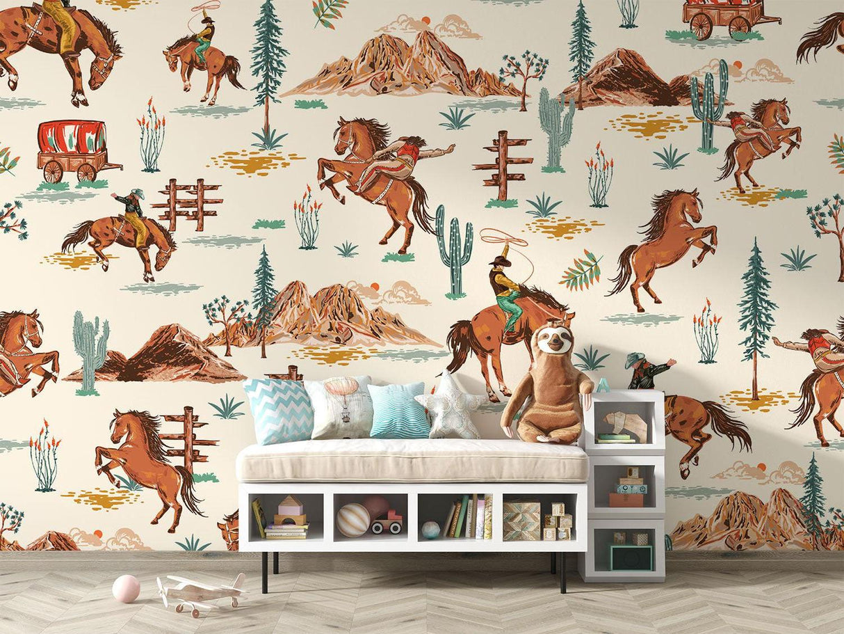 Western desert wallpaper creating atmosphere in boy's reading nook