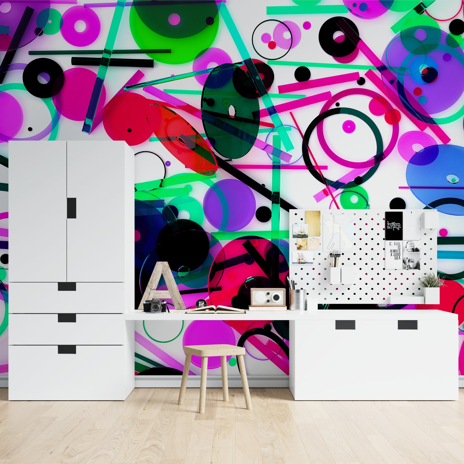 Vintage cowboy wallpaper making a statement in a modern living room with leather furniture