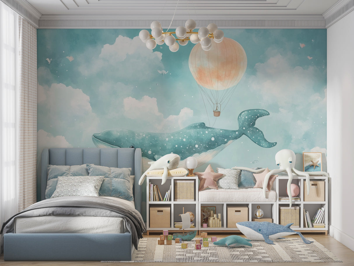 Marine animal wallpaper creating magic in a child's playroom with reading nook