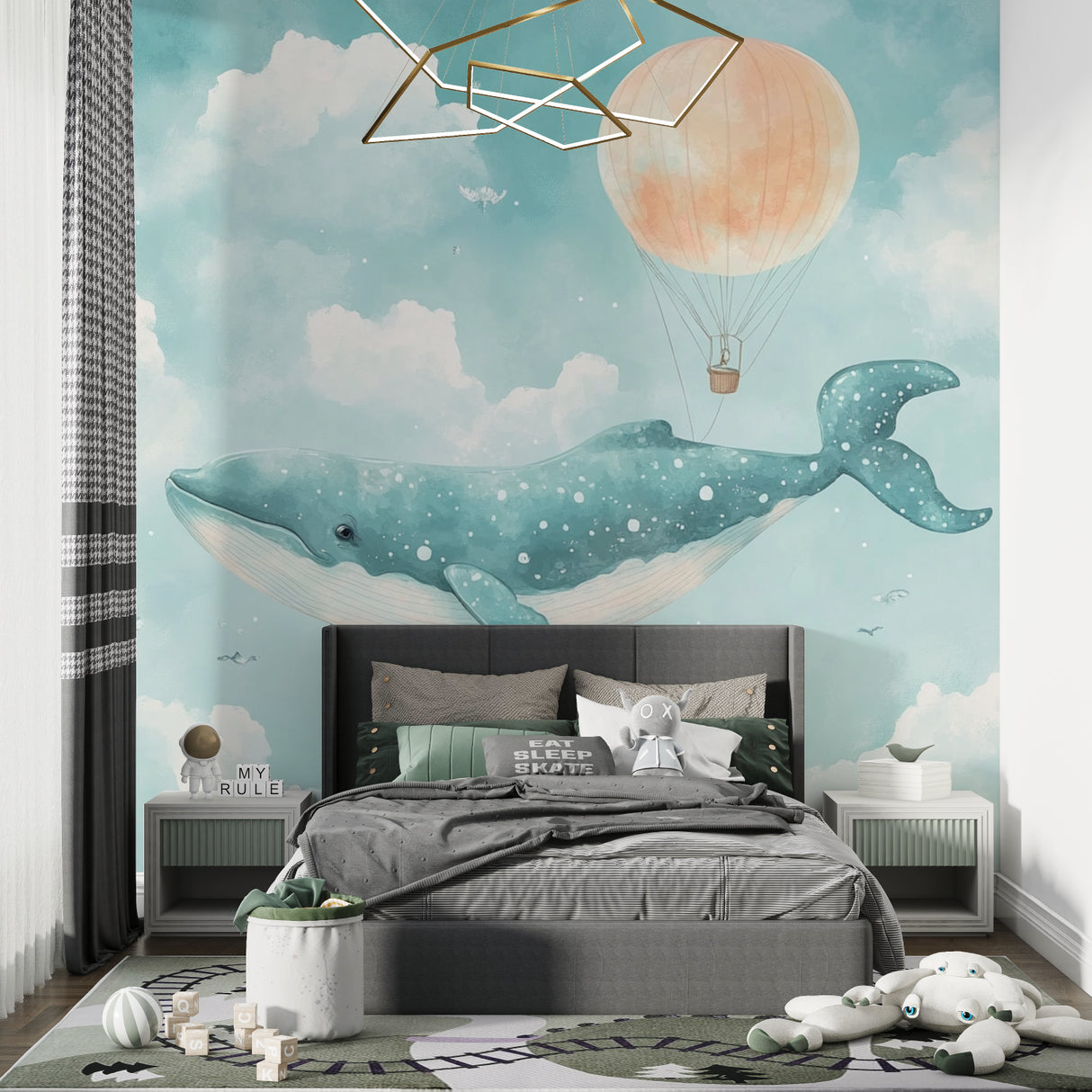 Dreamy whale mural in a modern bedroom with minimalist decor