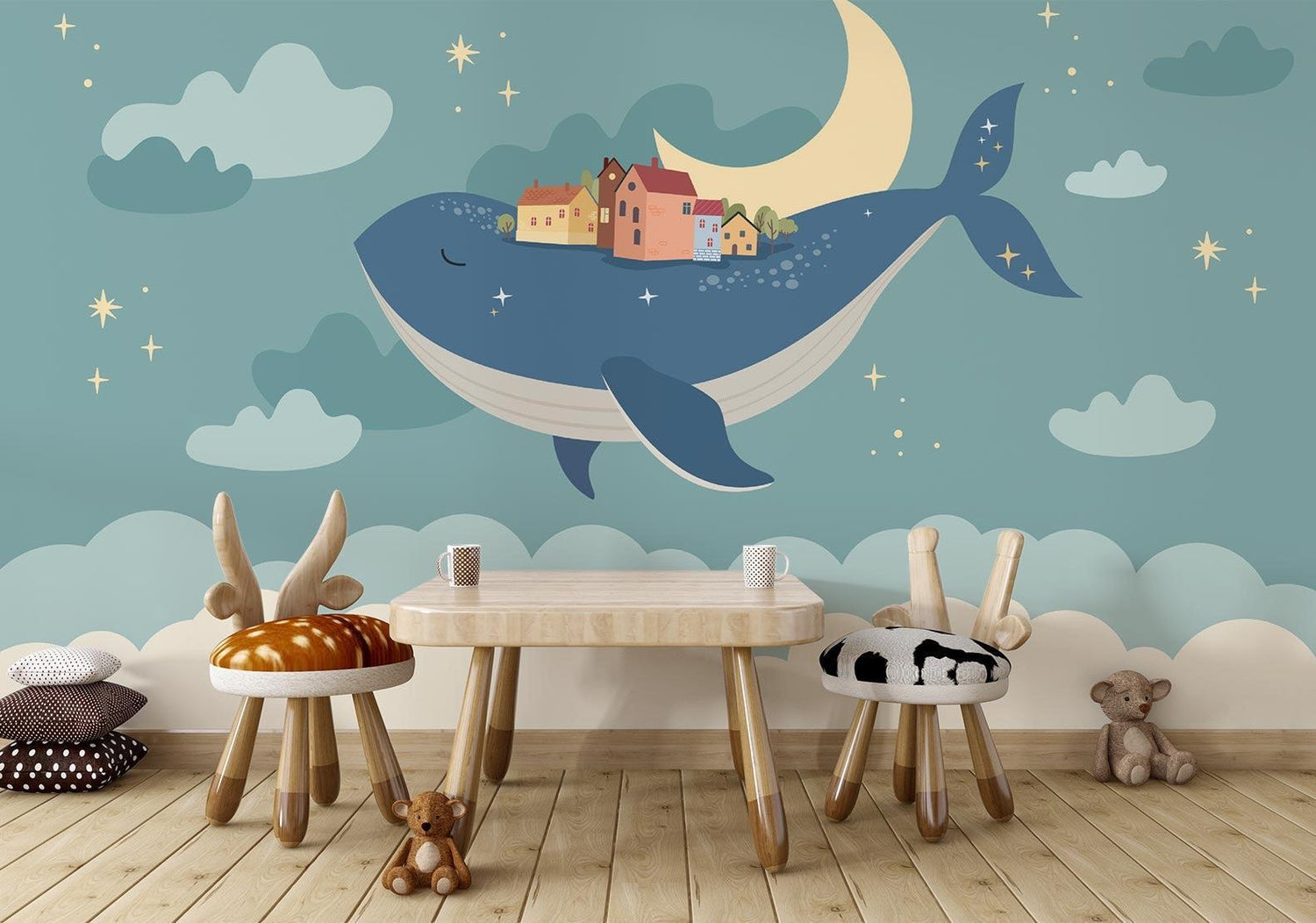 Fantasy whale wallpaper bringing charm to playroom with natural light