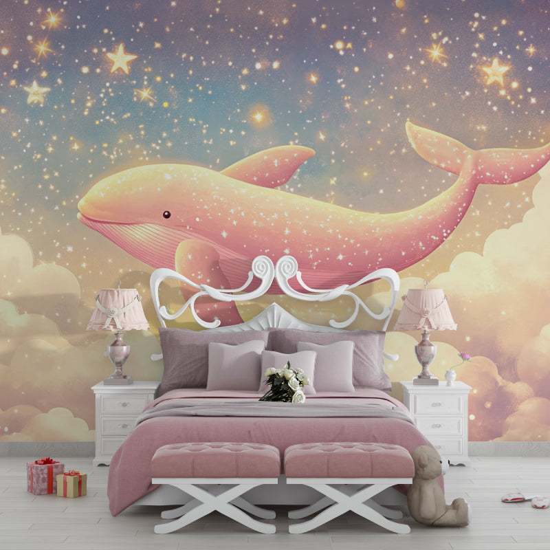 Pink Whale wallpaper in cozy nursery with soft lighting showing floating stars effect