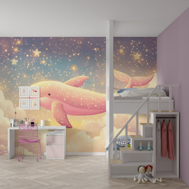 Fantasy whale wallpaper showcased in modern baby room setting