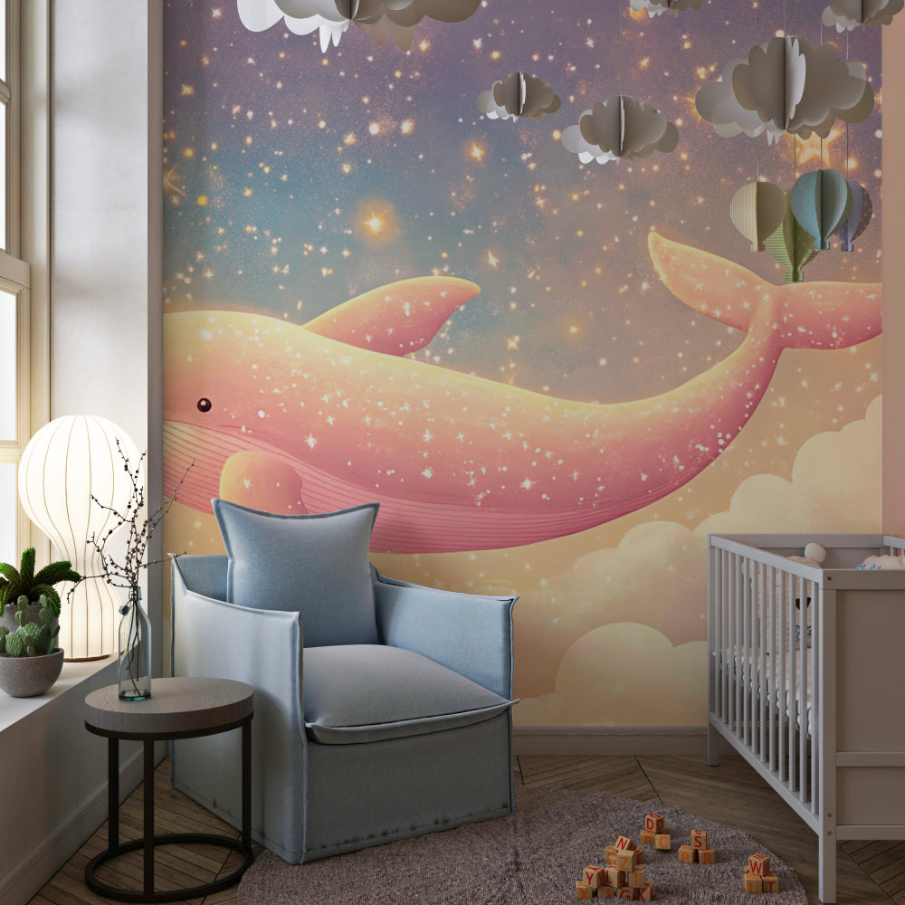 Pink whale mural displayed in reading nook with evening lighting