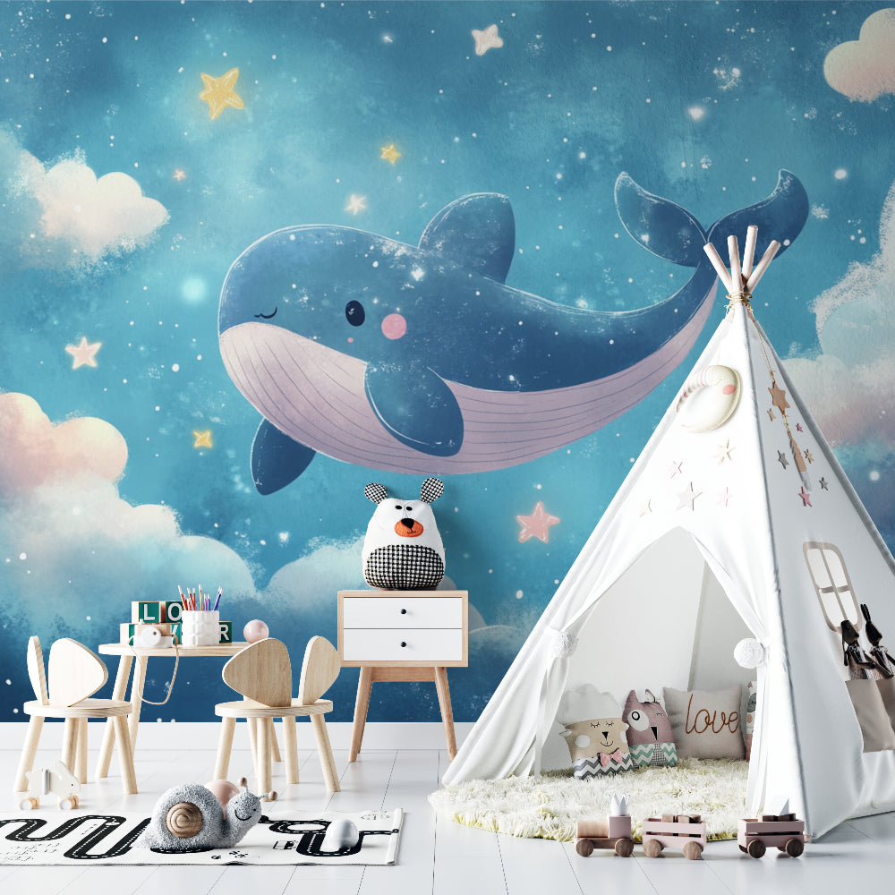 Whale wallpaper mural creating magic in a cozy nursery with soft blue lighting