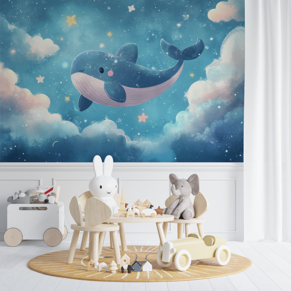 Ocean themed kids bedroom with whale wall mural and matching decor