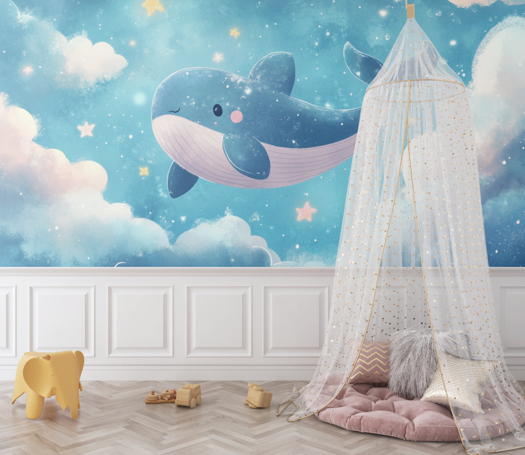 Dreamy whale wallpaper bringing calm to a playroom setting