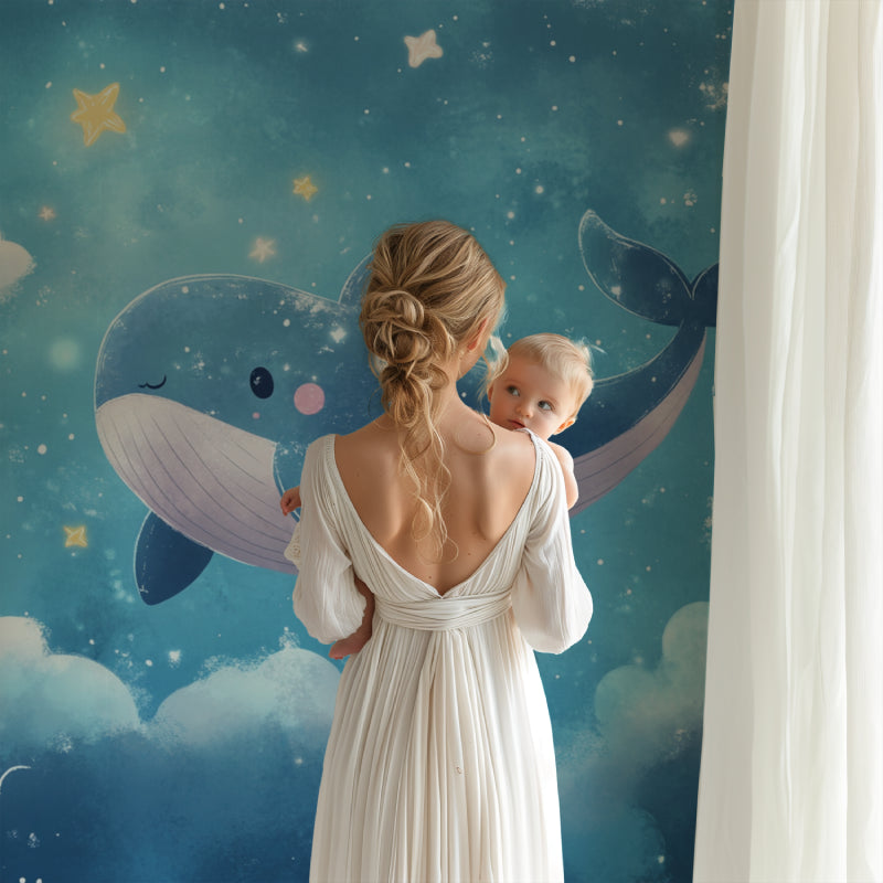 Marine themed bedroom featuring starry whale wallpaper design