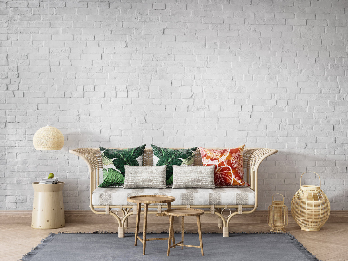 Contemporary bedroom featuring white brick wallpaper accent wall behind bed