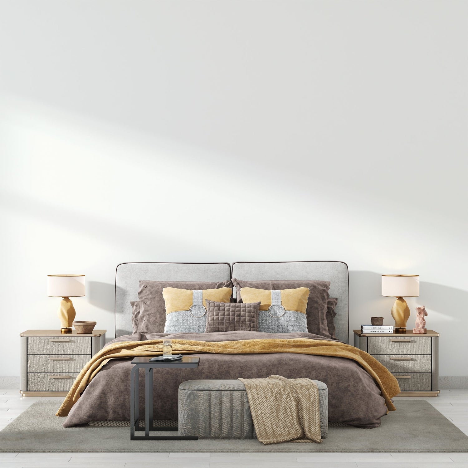 Minimalist white wall mural in contemporary bedroom with natural lighting