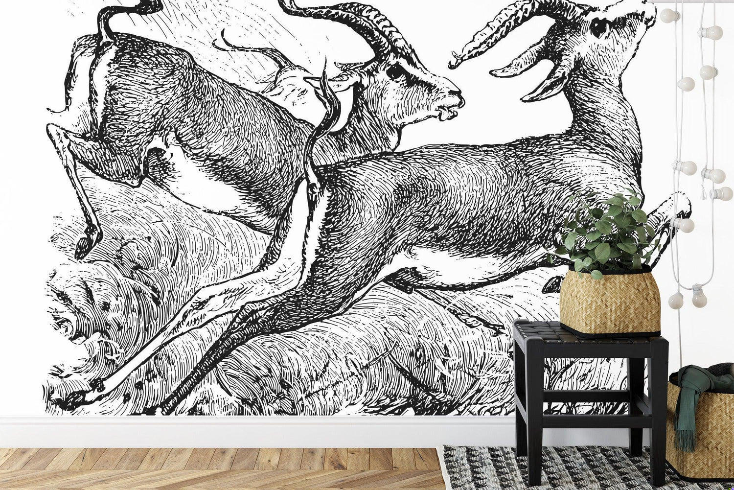 Wildlife wallpaper creating modern contrast in minimalist living room with grey sofa and natural light