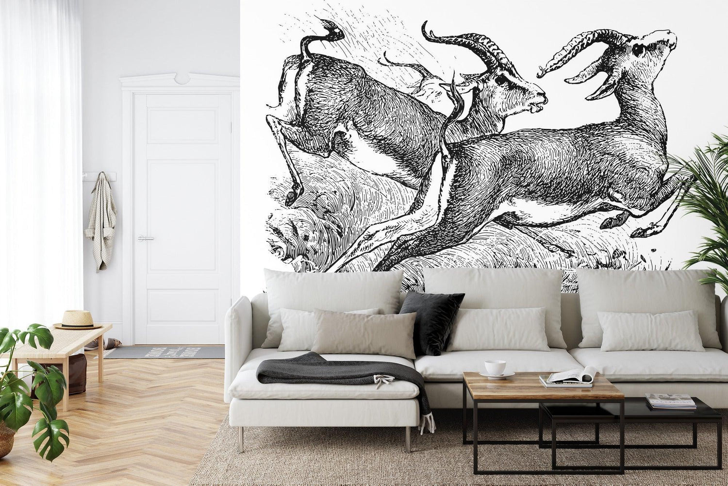 Vintage wildlife wall mural bringing artistic flair to home office with desk and bookshelf
