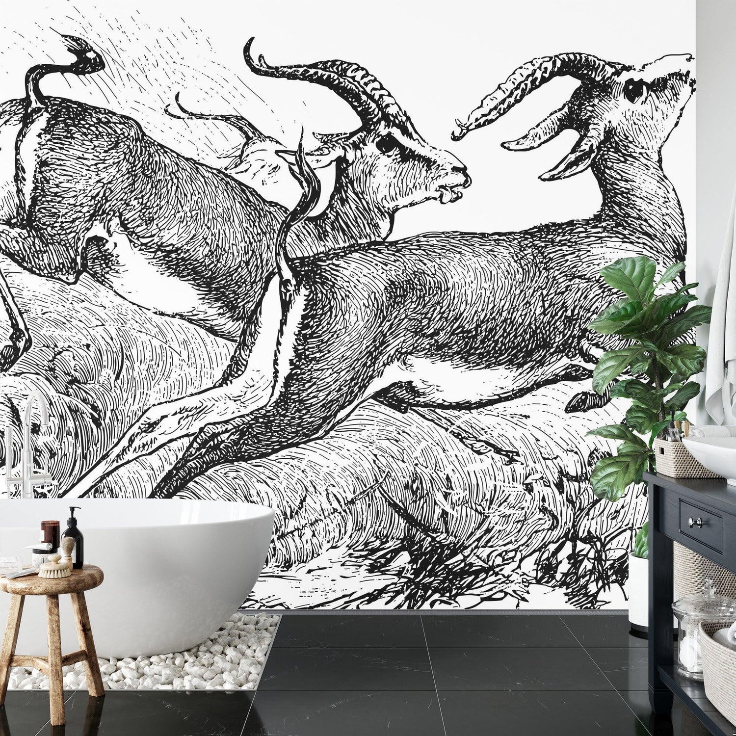 Gazelle sketch wallpaper creating gallery feel in hallway with wooden floors and simple decor